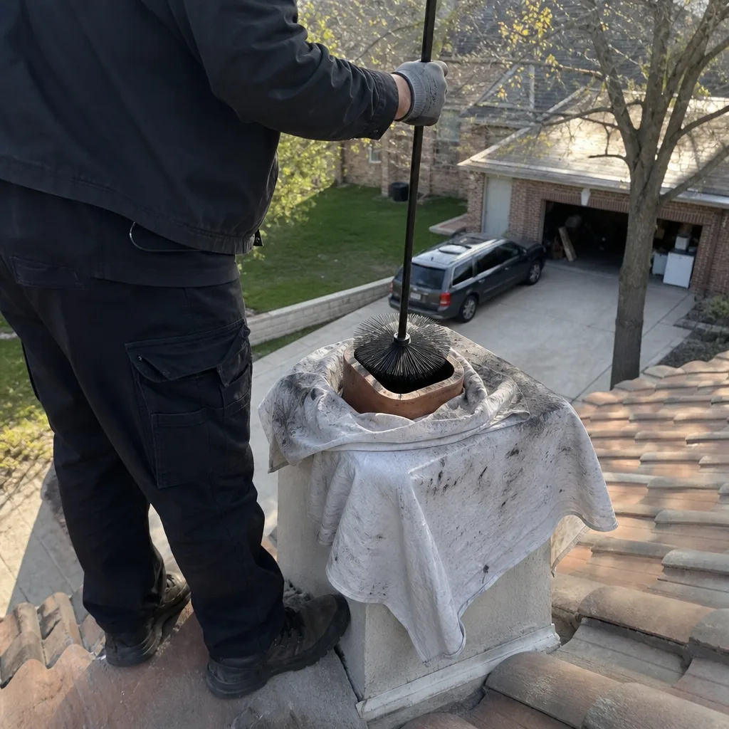 Professional chimney sweep cleaning a chimney flue on a rooftop