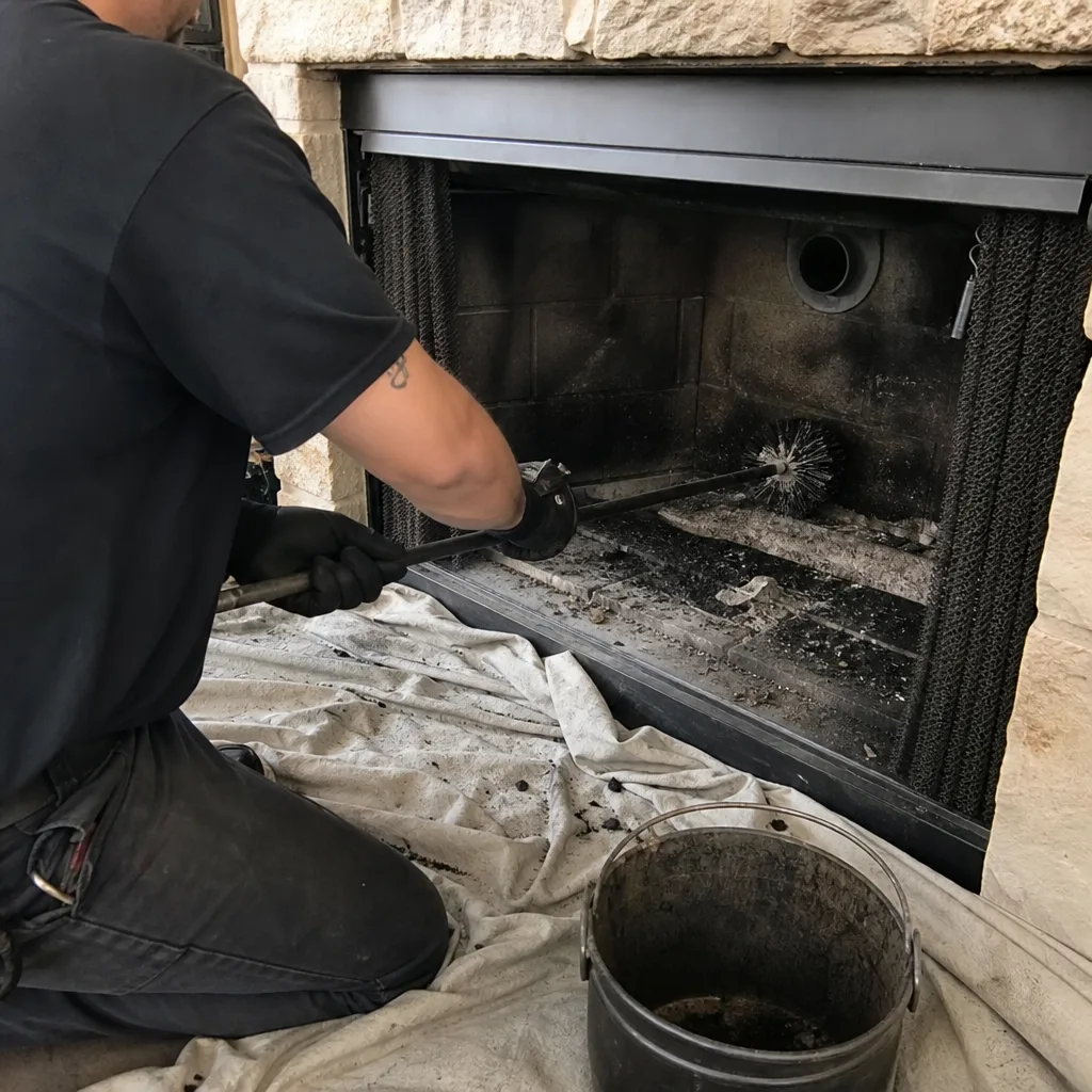 Professional chimney sweep cleaning soot from a fireplace with a brush