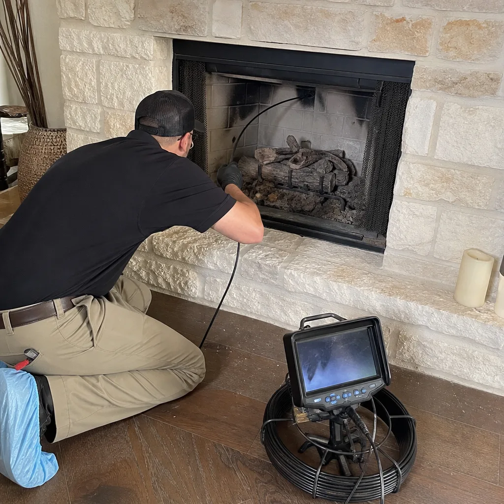 Technician using a video inspection camera inside a residential stone fireplace