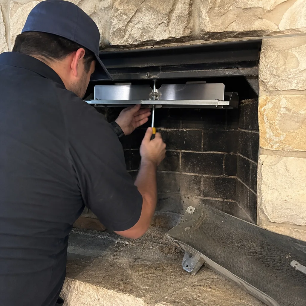 Technician performing professional fireplace damper repair and chimney maintenance services.